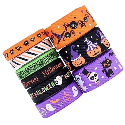 JEWEDECO 9 Rollen Bänder Zum Basteln, Halloween Blumenverpackungsband, Geschenkverpackung, Hochzeits Und Festivalband Mit Draht, Halloween Kranzherstellungszubehör, Party Dekobänder, von JEWEDECO