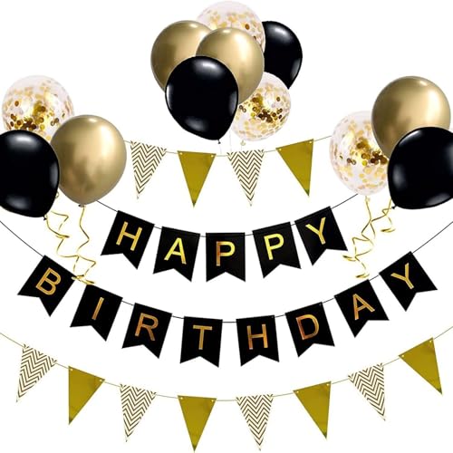 Happy Birthday Banner und Flagge Wimpel Latex Pailletten Kombination Geburtstag Dekoration Set (Schwarz Gold) von JFSKFOU