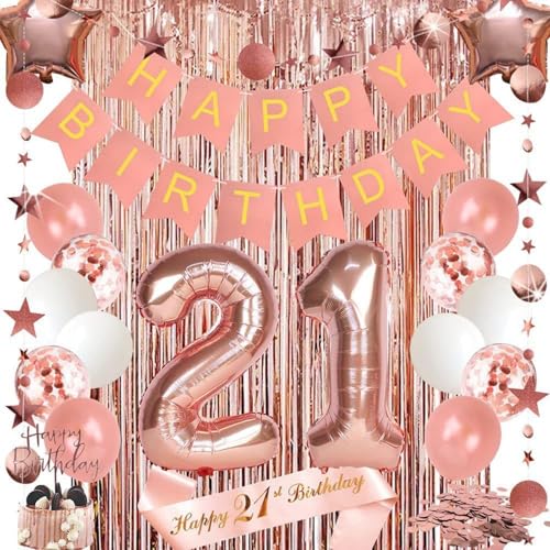 Happy Birthday Flagge Rose Gold Nummer Latex Pailletten Kombination Ballon Paket 21 40 50 60 Geburtstag Dekoration (21 Geburtstag) von JFSKFOU