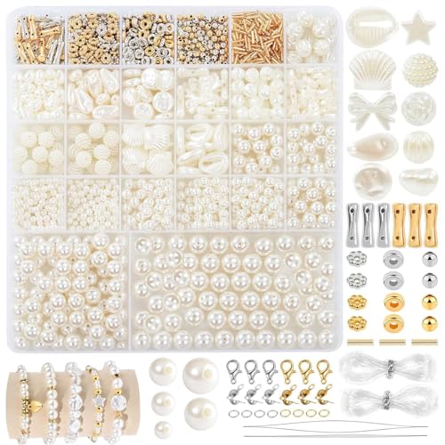 JGCJGG Weiße Kunstperlen Set Weiße Perlen zum Auffädeln Runde Weiße Perlen 4/6/8/10/12mm Geformte Schmuckperlen mit Abstandsperlen Schmuck Selber Machen Set Beige Perlenset für Schmuckherstellung von JGCJGG