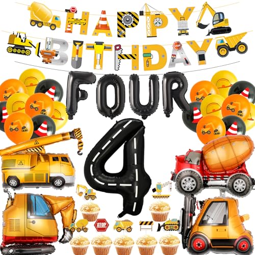 Dekorationen für Jungen zum 4. Geburtstag, 35 Stück, Bagger-Ballon-Banner, Kuchendekoration, Zahl, Buchstabe 4, Partyzubehör, LKW, Bulldozer, Kranichbagger, Bau, für 4 Jahre alte Jungen Dekorationen für Jungen zum 4. Geburtstag, 35 Stück, Bagger-Ballon-Banner, Kuchendekoration, Zahl, Buchstabe 4, Partyzubehör, LKW, Bulldozer, Kranichbagger, Bau, für 4 Jahre alte Jungen von JGIIIJLP