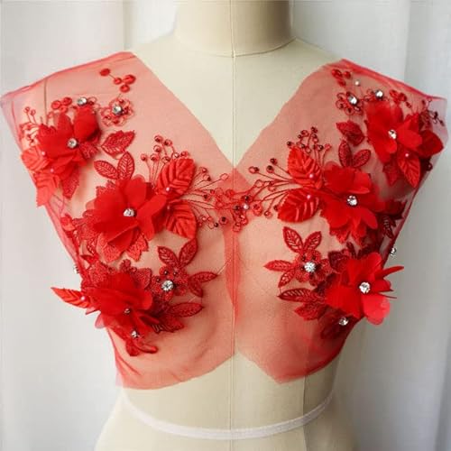 JHGCCL 2 STÜCKE Rot Lila 3D Blume Spitze Stoff Perlen Strass Bestickt Kleid Applikationen Nähen Aufnäher Für Hochzeitsdekoration Kleid DIY von JHGCCL