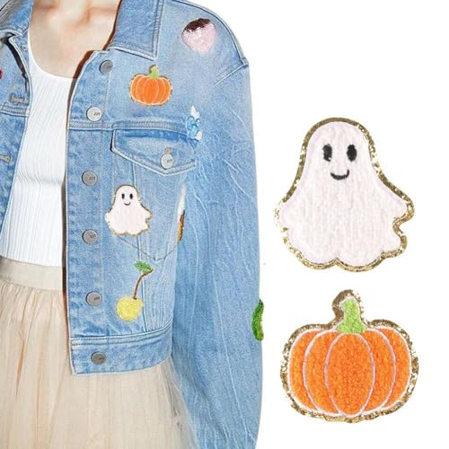 JHIALG Halloween-Aufnäher zum Aufbügeln, 2 Stück, Halloween-Kürbis-Geister-Schädel zum Aufbügeln, Glitzerrand, bestickter Aufnäher für T-Shirt, Jeans, Hut, Bastelbedarf, Aufkleber von JHIALG