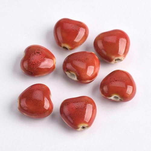 10 Stück Herzform, handgefertigt, ausgefallene Glasur, Keramik, Porzellan, lose Abstandsperlen, Menge zur Schmuckherstellung, DIY-Bastelzubehör-Orange-16x15mm-Rot-16x15mm von JHJRYGKI