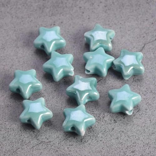 10 Stück Sternform, glänzend, handgefertigt, lose Keramik-Porzellan-Perlen zur Schmuckherstellung, DIY-Zubehör, Grün, 14 mm, Cyan-Blau, 14 mm von JHJRYGKI