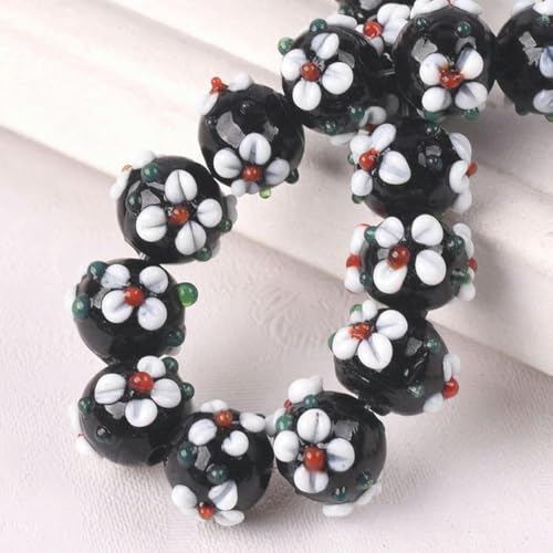 10 Stück runde Blumen, handgefertigte Lampwork-Glasperlen, lose Bastelperlen zum Basteln von Schmuck, DIY-Grün-Weiß-10 mm-Schwarz-Weiß-10 mm von JHJRYGKI