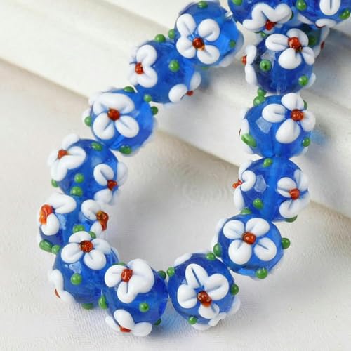 10 Stück runde Blumen, handgefertigte Lampwork-Glasperlen, lose Bastelperlen zum Schmuckmachen, DIY-Grün-Weiß-10 mm-Seeblau-Weiß-10 mm von JHJRYGKI