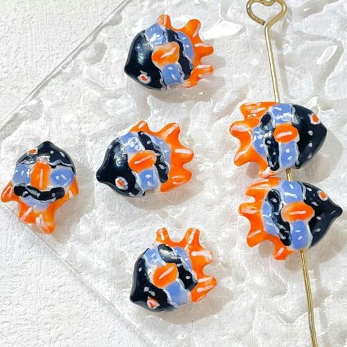 23 x 18 mm, 6 Stück, handbemalte Keramikperlen mit Seefischmotiv zur Schmuckherstellung, lose Keramikperlen zum Basteln von Armbändern, Keramikanhänger-Blau-Schwarz-Orange-6 Stück von JHJRYGKI