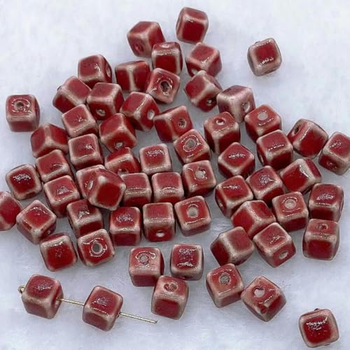 30 Stück 8 x 8 mm Retro-Quadrat-Würfel-Keramikperlen zur Schmuckherstellung, Blumenglasur, lose Keramikperlen zum Basteln von Armbändern, Keramikanhängern-Rot-30 Stück von JHJRYGKI