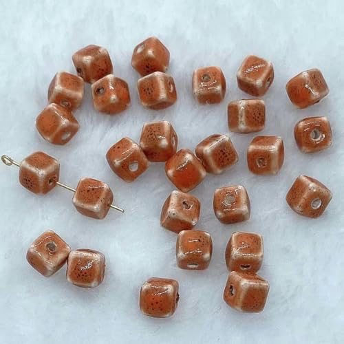 30 Stück 8 x 8 mm Retro-Quadrat-Würfel-Keramikperlen zur Schmuckherstellung, Blumenglasur-Keramik-Loseperlen zum Basteln von Armbändern, Porzellan-Ohrring-Anhängerperlen-Orangerot-30 Stück von JHJRYGKI