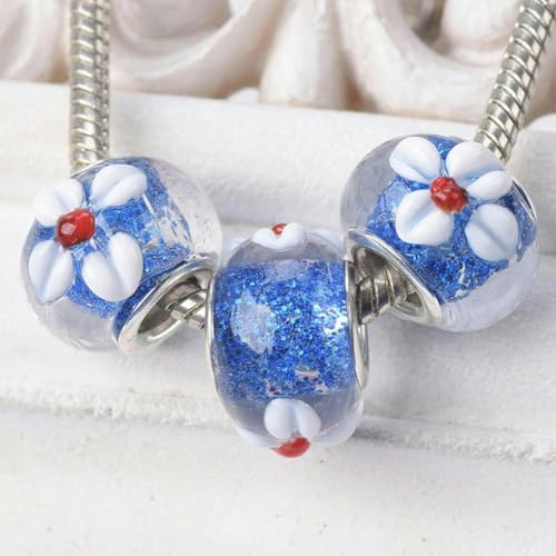 5 Stück, rund, handgefertigt, Lampwork-Glas, Blumenmuster, glitzernde europäische Charms, lose Perlen mit großem Loch für DIY-Armbänder, Gold, 15 x 10 mm, Blau, 15 x 10 mm von JHJRYGKI