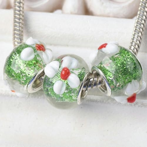 5 Stück, rund, handgefertigt, Lampwork-Glas, Blumenmuster, glitzernde europäische Charms, lose Perlen mit großem Loch für DIY-Armbänder-Gold-15 x 10 mm-Grün-15 x 10 mm von JHJRYGKI