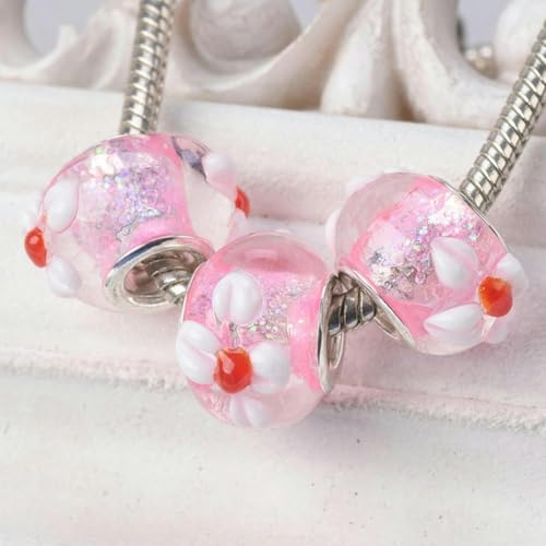 5 Stück, rund, handgefertigt, Lampwork-Glas, Blumenmuster, glitzernde europäische Charms, lose Perlen mit großem Loch für DIY-Armbänder-Gold-15 x 10 mm-Rosa-15 x 10 mm von JHJRYGKI