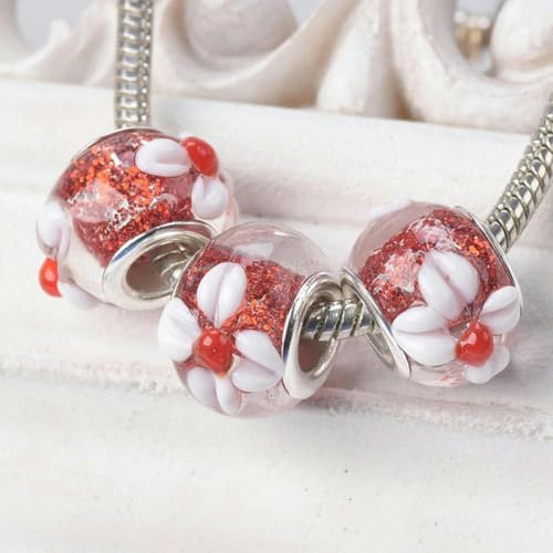 5 Stück, rund, handgefertigt, Lampwork-Glas, Blumenmuster, glitzernde europäische Charms, lose Perlen mit großem Loch für DIY-Armbänder-Gold-15 x 10 mm-Rot-15 x 10 mm von JHJRYGKI