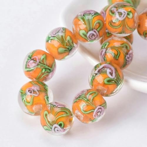 5 Stück runde, handgefertigte lose Glasperlen mit Blumenmuster für die Schmuckherstellung, DIY-Bastelarbeiten, Weiß, 12 mm, Orange, 12 mm von JHJRYGKI