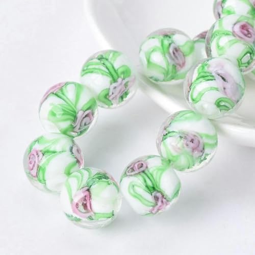 5 Stück runde, handgefertigte lose Lampwork-Glasperlen mit Blumenmuster zur Schmuckherstellung, DIY-Bastelzubehör-Weiß-12 mm-Weiß-12 mm von JHJRYGKI