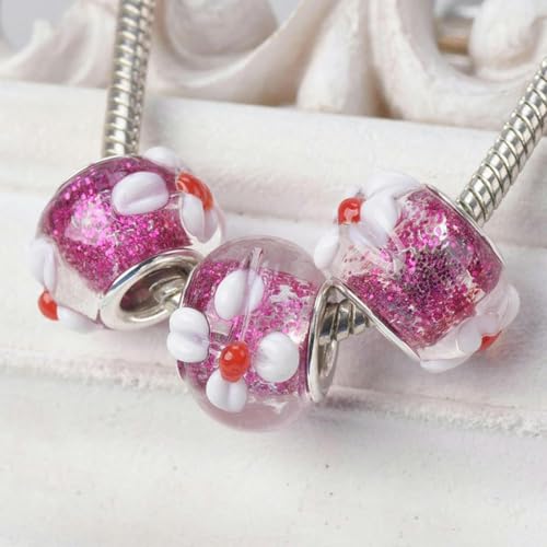 5 Stück runde handgefertigte Lampwork-Glasperlen mit Blumenmuster, glitzernde europäische Charms, lose Perlen mit großem Loch für DIY-Armbänder-Gold-15 x 10 mm-Rose-15 x 10 mm von JHJRYGKI