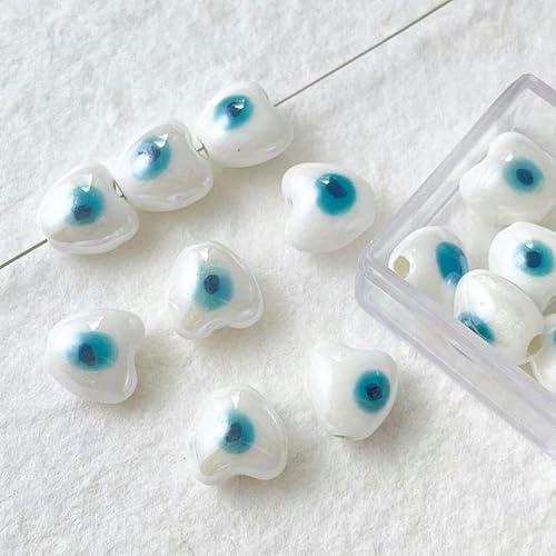 50 Stück UV-Perlen mit bösen Augen, Herz-Keramikperlen zur Schmuckherstellung, lose Keramikperlen zum Basteln von Armbändern, Porzellanperlen zum Anhängen von Ohrringen, Weiß/Blau, 50 Stück von JHJRYGKI