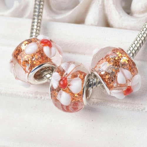 Stück runde handgefertigte Lampwork-Glasperlen mit Blumenmuster, glitzernde europäische Charms, lose Perlen mit großem Loch für DIY-Armbänder-Gold-15 x 10 mm-Dunkelgold-15 x 10 mm von JHJRYGKI