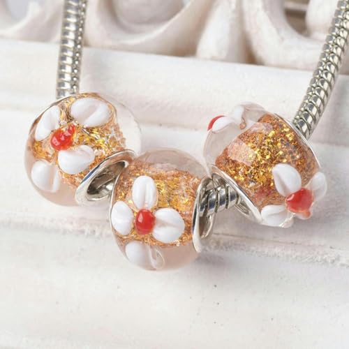 Stück runde handgefertigte Lampwork-Glasperlen mit Blumenmuster, glitzernde europäische Charms, lose Perlen mit großem Loch für DIY-Armbänder-Gold-15 x 10 mm-Gold-15 x 10 mm von JHJRYGKI