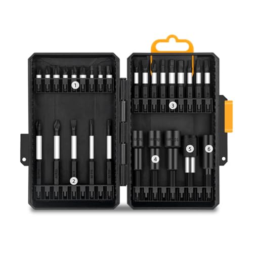 Bohrbitset, 28 Bohrerfahrer-Bit-Sets mit Bits 25/75/50 1/4 Zoll Magnetische Windturbinenhülsen (60 mm) 1/4-Zoll-Selbstverriegelungsstange mit Storage Toolbox (28 Stück Set S2 Batch Head) von JHS-TECH