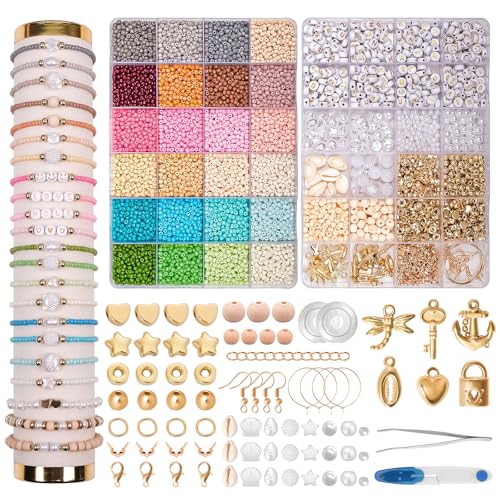 JHWELRG Selber Machen Perlen für Armbänder 24 Farbe Perlen Set 3mm,mit Holzperlen und Goldenen Buchstaben Perlen zum Auffädeln, für Mädchen und Erwachsene Geschenkidee für Weihnachtsferien,Geburtstags von JHWELRG