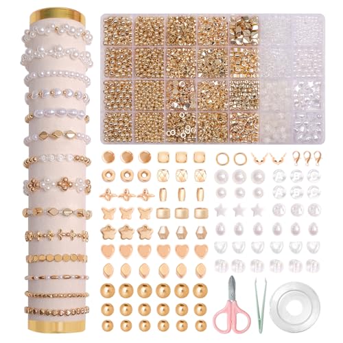 JHWELRG Perlen Weiß Set，Bastelperlen zum Auffädeln，Goldene Perlen für DIY Perlen Set Schmuck Bracelet Making Kit, Feiertage, Partys, Weihnachten von JHWELRG