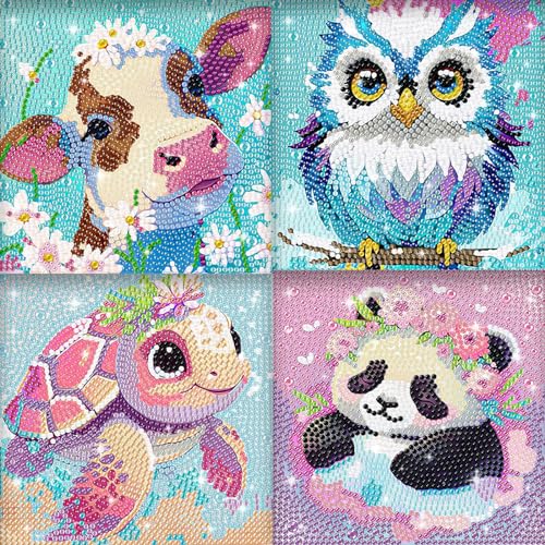 JHXhhthongtong 4 Stück Diamond Painting Kinder, 5D DIY Set Diamond Painting Tiere DIY Mosaikherstellung Basteln Mädchen 6 7 8 9 10 11 12 Jahre für Home Wand Decor （15×15 CM） von JHXhhthongtong