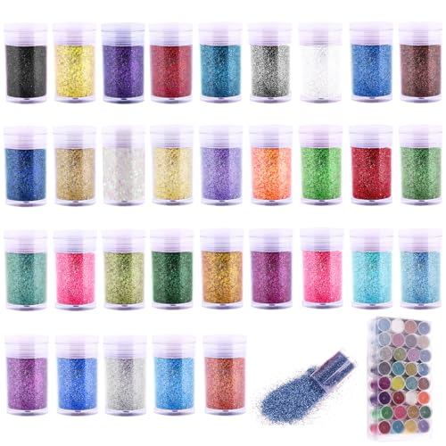 32 Farben feiner Glitter, Mini Glitzerpulver Set, Bastel Glitzer Set, Bunte Bastelglitzer Glitzerpuder für Harzguss Epoxidharz Nagelkunst Handwerk Herstellung Haare Party DIY Handwerk Dekoration von JHZXing