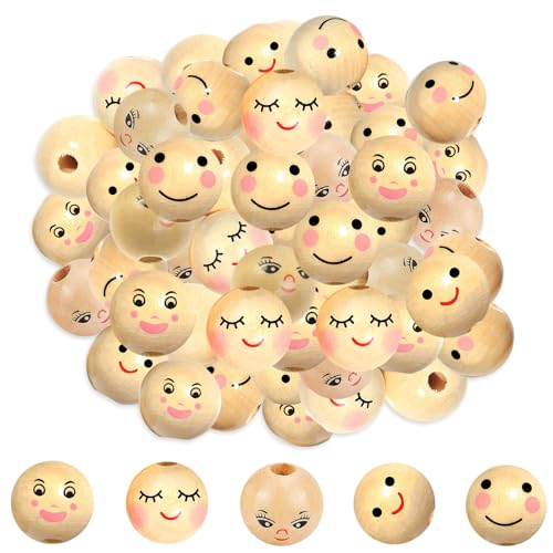 100 Stück Holzperlen mit Gesicht 20mm, Holzkugeln mit Loch, Holz Perlen Natur, Smiley Perlen zum Basteln, für DIY Crafting Dekorationen Glückswürmchen Sorgenwürmchen Schlüsselanhänger von JHZXing