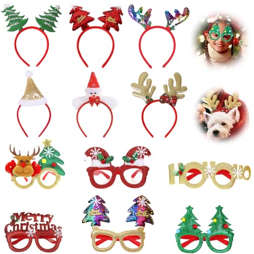 JHZXing 12 Stück Weihnachtsbrille Set, Weihnachten Stirnbänder, Weihnachten Kopfschmuck Stirnbänder, Weihnachten Haarreifen, Xmas Kopfschmuck, für Weihnachs Party Kostüm von JHZXing