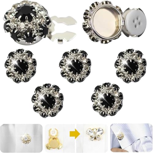 Knopfabdeckungen Strass, Knopfabdeckungen Damen, Knopfabdeckungen Mit Kristall Strass, Abnehmbare Hemdknopf Clips, Schmuckknöpfe, Blume Kristallknöpfe (Black) von JIABAOZ