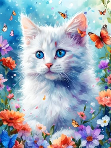 5D Diamond Painting Set 30x40 cm Diamond Painting Kits Katze, Schmetterling Vollbohrer Diamant Malerei Bilder Arts, DIY Crystal Strass Stickerei Painting Diamant Malerei Kit für Home Décor K-6 von JIAGUANG