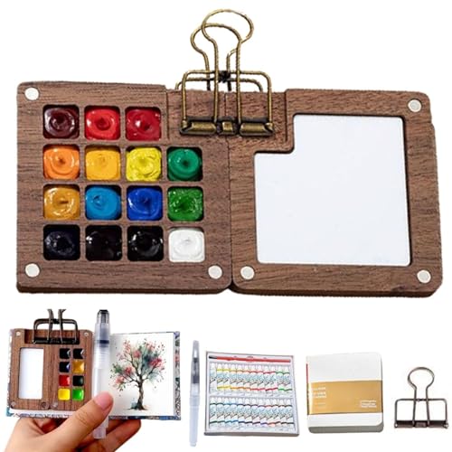 Pocketartist Aquarell-Reiseset, Mini-Aquarell-Reiseset, Tragbares Farbkasten-Palette aus Holz/Acryl, Farbkasten + Farbfarbe + Zeichenbuch + Clip + Wasserstift (Wooden 15set) von JIALING