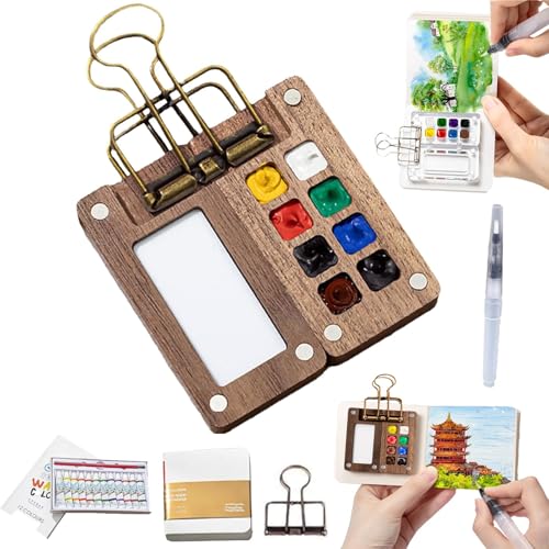 Pocketartist Aquarell-Reiseset, Mini-Aquarell-Reiseset, Tragbares Farbkasten-Palette aus Holz/Acryl, Farbkasten + Farbfarbe + Zeichenbuch + Clip + Wasserstift (Wooden 8set) von JIALING