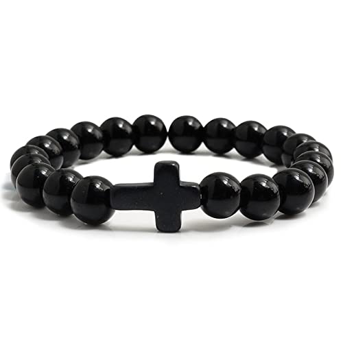 JIAMU Charm Naturstein Armband Kreuz Schwarze Lava Matt Perlen Armbänder Handgemachte Männer Frauen Gebetskette Paar Schmuck Geschenk von JIAMU