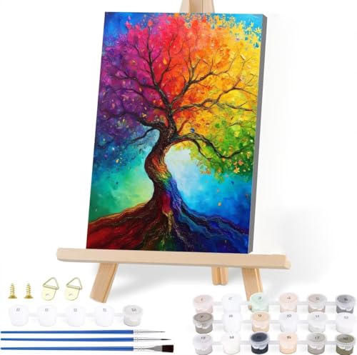 Malen Nach Zahlen Baum Malen Nach Zahlen Erwachsene Farbe Malen Nach Zahlen Kinder DIY Handgemalt ölgemälde Bastelset mit 3 Pinseln und Acrylfarbe für Wanddeko Wohnzimmer Geschenke 60 x 80 cm G-0 von JIANFREY