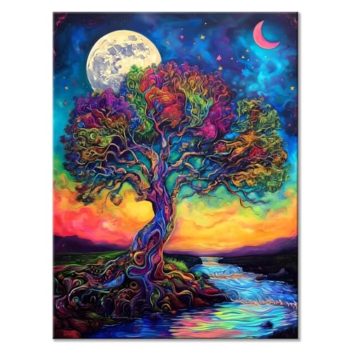 Malen Nach Zahlen Baum Malen Nach Zahlen Erwachsene Mond Malen Nach Zahlen Kinder DIY Handgemalt ölgemälde Bastelset mit 3 Pinseln und Acrylfarbe für Wanddeko Wohnzimmer Geschenke 50 x 70 cm V-6 von JIANFREY