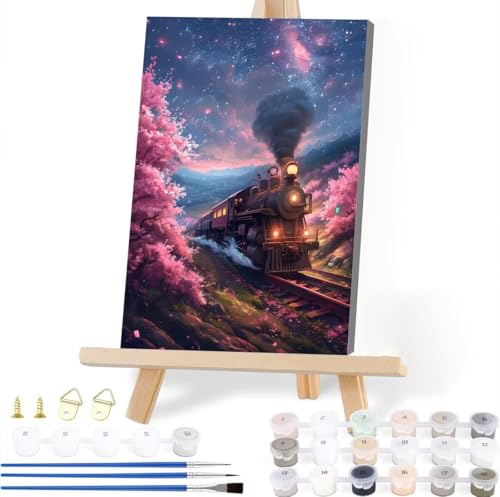 Malen Nach Zahlen Erwachsene Rosa Baum Malen Nach Zahlen Zug Malen-Nach-Zahlen ab 7 8 9 10 Jahre Mädchen Jungen Geschenke, Paint by Numbers Kinder DIY Leinwand Malen Wall Decoration 20 x 25 cm U-2 von JIANFREY