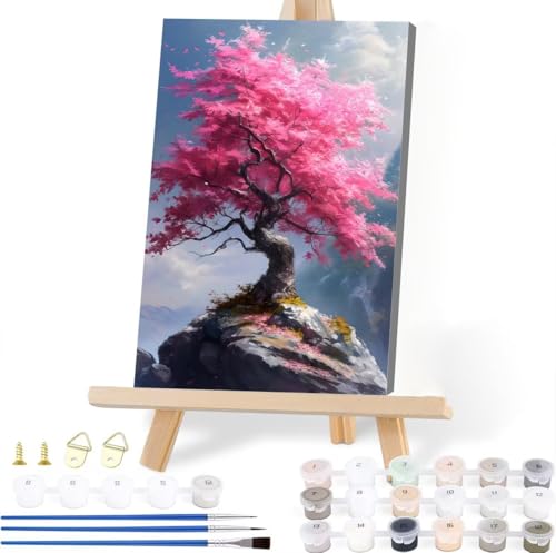 Malen Nach Zahlen Rosa Baum Malen Nach Zahlen Erwachsene Landschaft Malen Nach Zahlen Kinder DIY Handgemalt ölgemälde Bastelset mit 3 Pinseln und Acrylfarbe für Wanddeko Wohnzimmer 40 x 50 cm C-8 von JIANFREY