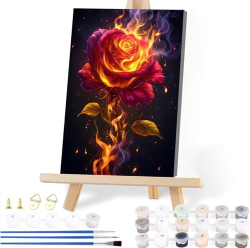 Malen Nach Zahlen Rose Malen Nach Zahlen Erwachsene Feuer Malen Nach Zahlen Kinder DIY Handgemalt ölgemälde Bastelset mit 3 Pinseln und Acrylfarbe für Wanddeko Wohnzimmer Geschenke 20 x 25 cm K-6 von JIANFREY