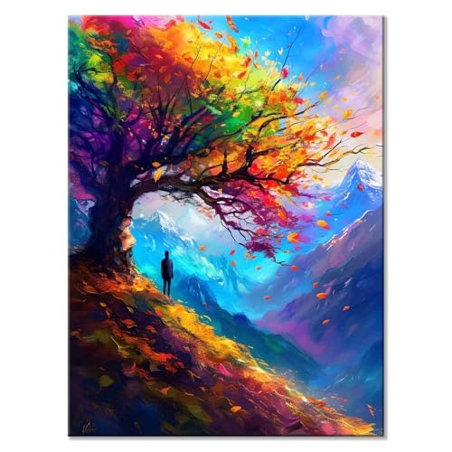 Malen Nach Zahlen ab 7 8 9 10 Jahre Mädchen 45 x 60 cm, Paint by Numbers Farbiger Baum Malen Nach Zahlen Erwachsene Landschaft Malen-Nach-Zahlen Kinder DIY ölgemälde mit 3 Pinseln, Acrylfarbe F-6 von JIANFREY