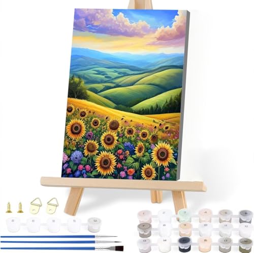 Malen Nach Zahlen ab 7 8 9 10 Jahre Mädchen Jungen 40 x 50 cm, Paint by Numbers Sonnenblume Malen Nach Zahlen Erwachsene Landschaft Malen-Nach-Zahlen Kinder DIY ölgemälde mit 3 Pinseln, Acrylfarbe V-6 von JIANFREY