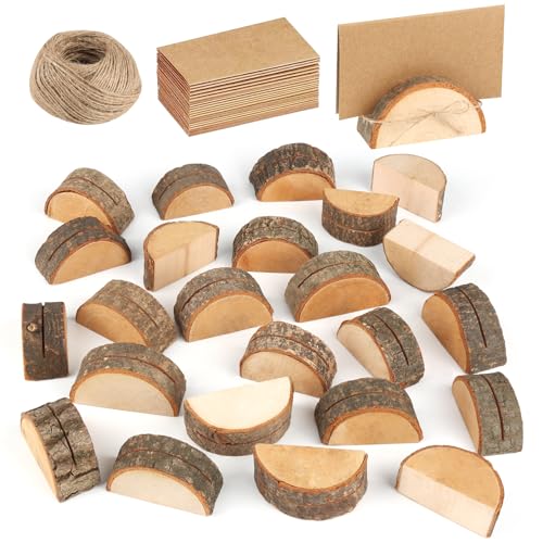 JIANGZHIB 24 Stück Rustikale Holz Tischkartenhalter Set, Kartenhalter Holz mit 24 Kraft Papier, Halbzylindrisch Kartenständer Holz, Postkartenhalter für Tischnummern Hochzeit Geburtstag Fotos Memo von JIANGZHIB