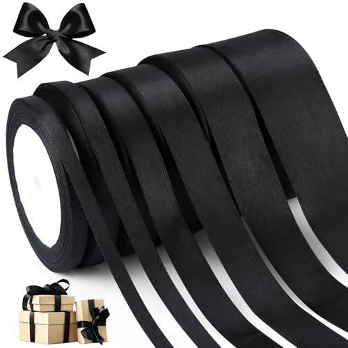 JIANGZHIB 6 Rollen Satinband Schwarz Set, 22m Geschenkband, 0.6/1/1.5/2/2.5/4cm Polyester Satinband, Schleifenband Seidenbänder für Hochzeiten, Geburtstage, Weihnachten Dekoband von JIANGZHIB