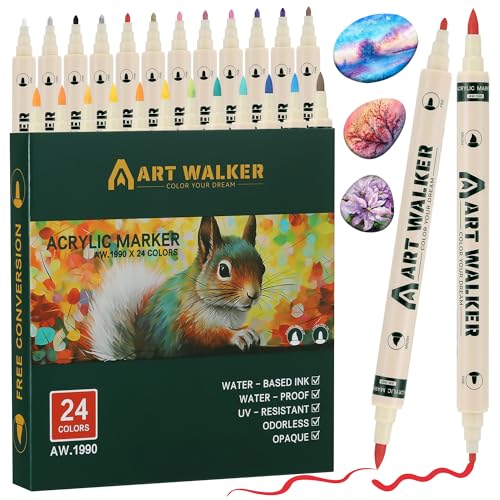 JIANTA Acrylstifte für Steine Wasserfest, 24 Farben (Pinsel und feine Spitze) Doppelspitze Acrylmarker, Acrylic Marker Steine zum Bemalen für Holz, Glas, Leinwand, Metall - Multimarker Acryl von JIANTA