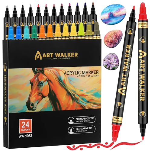 JIANTA Acrylstifte für Steine Wasserfest, 24 Farben Acrylic Marker Steine zum Bemalen für Holz, Glas, Leinwand, Metall - Multimarker Acryl (Rund- und feine Spitze) Doppelspitze Acrylmarker von JIANTA