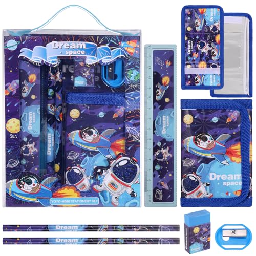 JIANTA Astronaut Schreibwaren Set, Schreibwaren Geschenkset für Junge, Radiergummi, Anspitzer, Brieftasche, Lineal, Bleistift, Kinder Mitgebsel, Geschenk Set für Mädchen und Junge Alter 4-11 Jahre alt von JIANTA