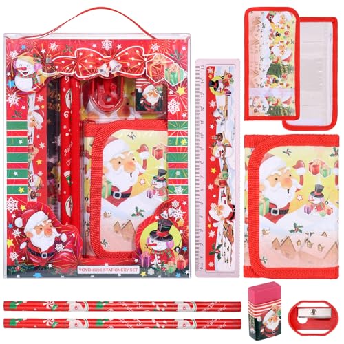 JIANTA Weihnachten Schreibwaren Set, 6 Stück Schreibwaren Geschenkset, Radiergummi, Anspitzer, Brieftasche, Lineal, Bleistift, Kinder Mitgebsel, Mädchen und Junge von JIANTA