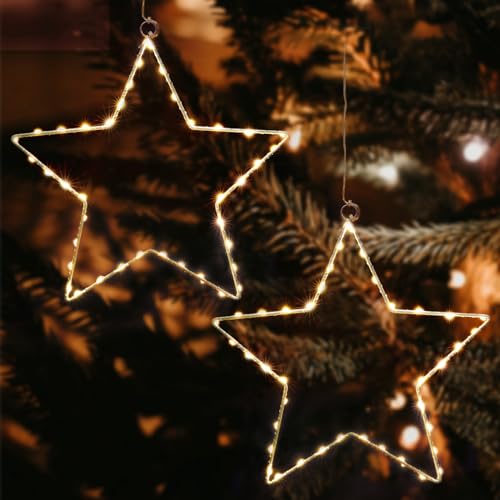 JIAPEI Weihnachtsstern Lichter, Leuchtstern Fensterdeko 8 Modi 40 Warmweißen Leds Lichterketten Batteriebetriebene Christbaumschmuck Lichter Dekorationen für Halloween, Balkon, Party Garten, 2 Stück von JIAPEI